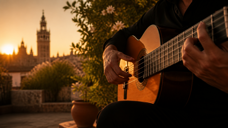 Guitarra flamenca ante la Giralda al atardecer, imagen del artículo Sevilla tiene un color especial