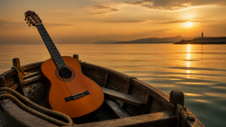 Guitarra española en una pequeña barca al atardecer